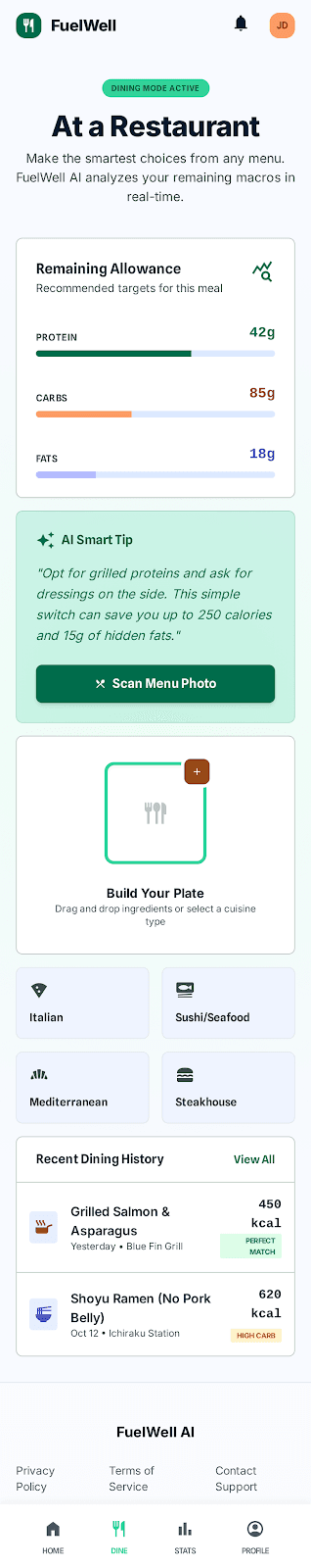FuelWell dining mode showing macro allowance, AI smart tips, and menu scanning
