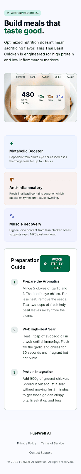 FuelWell AI-personalized meal with macro breakdown and preparation guide