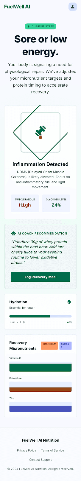 FuelWell recovery mode with inflammation detection and AI coach recommendations