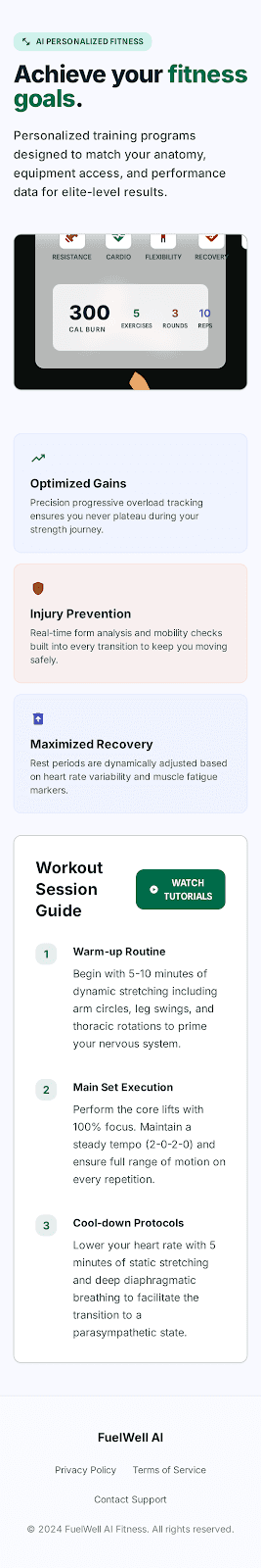 FuelWell precision workout system with optimized training, injury prevention, and recovery tracking